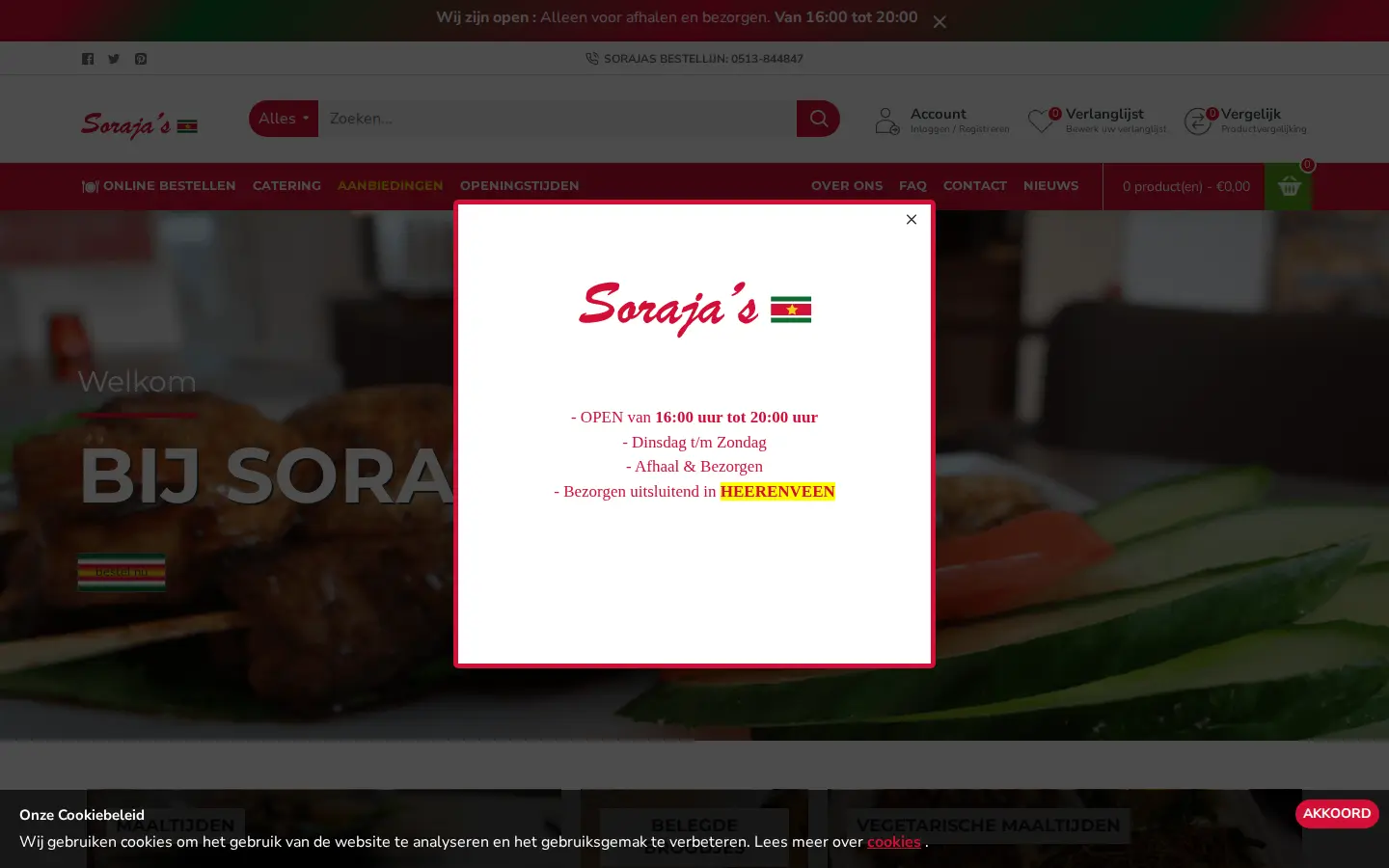 De huidige homepage van sorajas.nl op een computer, met een pop-up en een cookiemelding over de inhoud